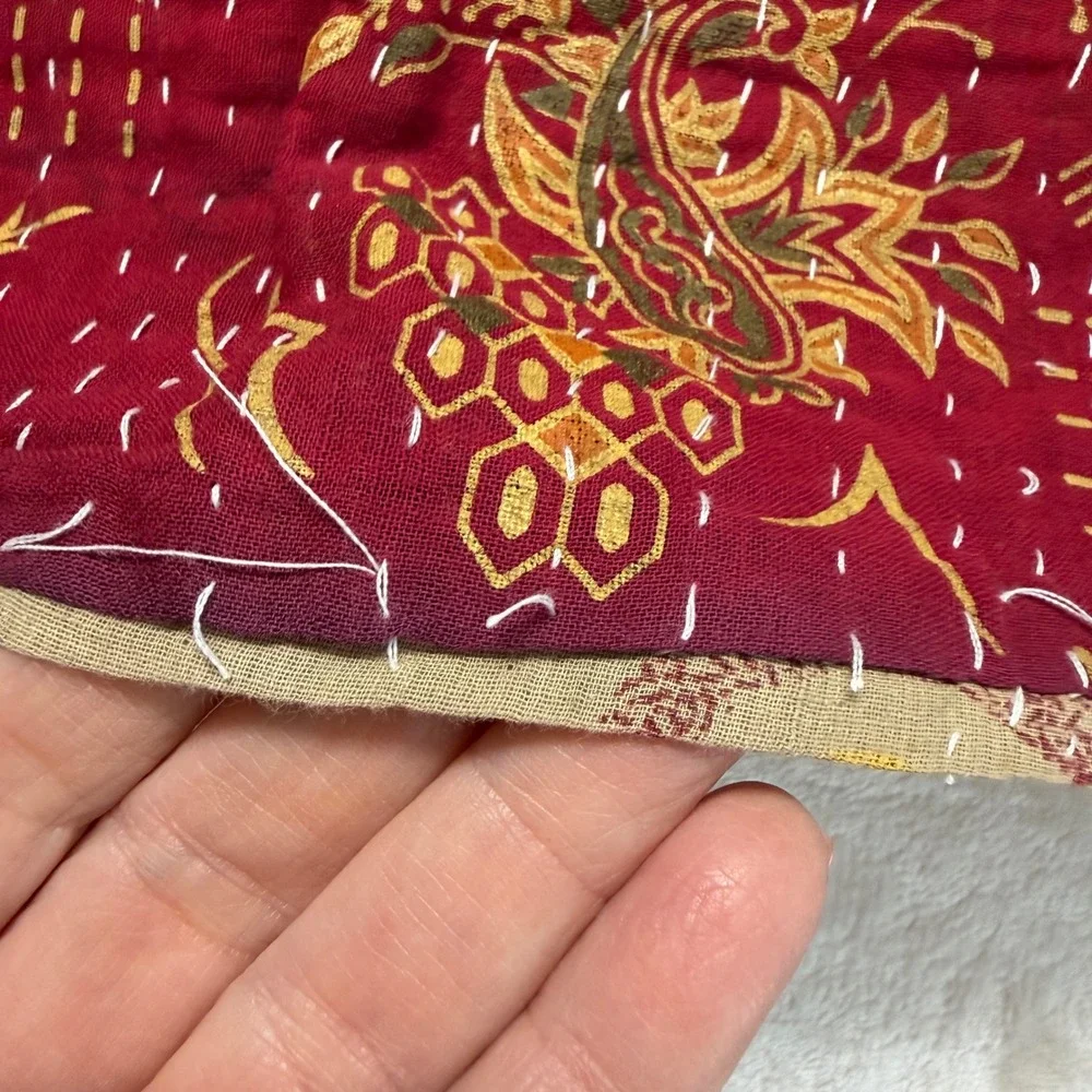 VTG New Kantha Quilt Throw Blanket Red Teal Floral Paisley Hand‎ Stitched 92x52